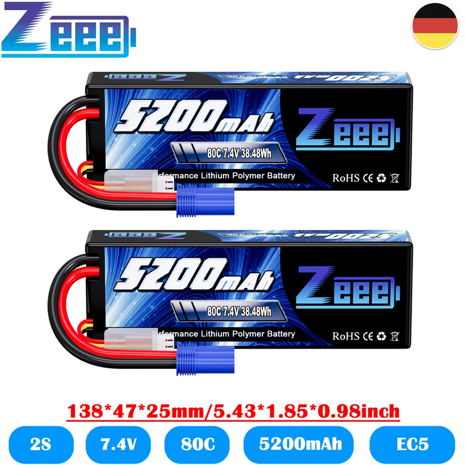 2pcs Zeee 2S Lipo Akku Batterie 7 4V 5200mAh 80C EC5 Plug für RC Auto Truck FPV