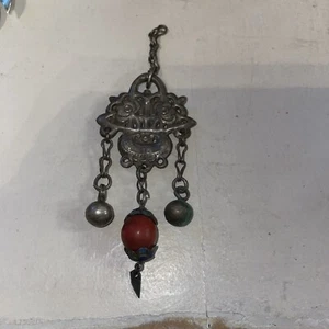 Qing Dynasty Silver Dangle Carnelian Enamel Amulet Pendant - Picture 1 of 6
