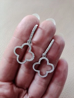 Orecchini a QUADRIFOGLIO argento 925 zirconi diamanti sintetici tono oro bianc - Immagine 1 di 4