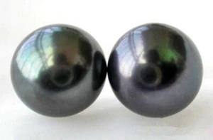 Genuine Natural 11-12MM black Freshwater Pearl Silver Stud Earrings - Picture 1 of 5