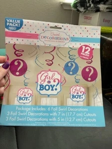 BABY SHOWER GENDER REVEAL boy or girl HANGING SWIRL DECORATION (12) Pink Blue - Picture 1 of 2