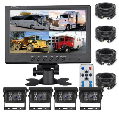 9" Quad Split Monitor Screen 4x Rear View Backup CCD Camera System For Truck RV - Image 1 of 4