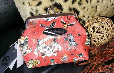 Ed Hardy 💀Skulls Pebbled RED Coins Faux-Leather Bag Kisslock Pouch On Chain NWT - Image 1 of 4