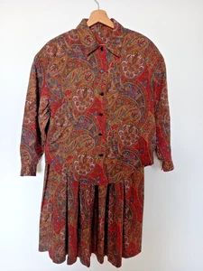 Mujer Co-ord Falda y Blusa Reino Unido 12 Liberty Lana Fina Rojo Marrón Cachemira Artística - Imagen 1 de 11