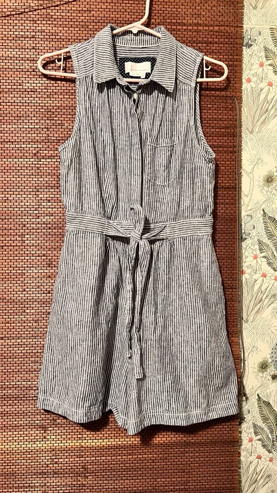 Mameluco Anthropologie Azul Blanco Rayas Talla 4 Seersucker Mezcla de Lino Corbata Frontal Foto 1 de 4