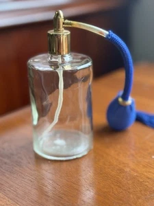 Vintage Clear Glass Perfume Bottle with Blue Atomizer Bulb & Gold Top - Picture 1 of 7