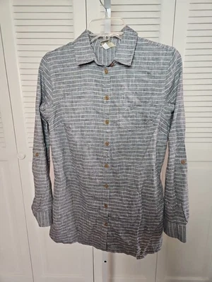Túnica feminina Duluth X-Small cânhamo listra cinza algodão orgânico camisa botão para baixo - Imagem 1 de 4