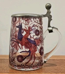 Tazza vintage vetro birra Stein Tankard coperchio peltro cervo austriaco cacciatore cavallo rosso - Foto 1 di 8