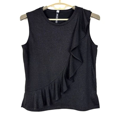 Lord & Taylor Design Lab Black Metallic Sleeveless Top Ruffle Large - Image 1 of 4