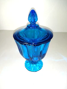 Plato de caramelo de vidrio acanalado vintage MCM LE Smith azul colonial de 9” - Imagen 1 de 13