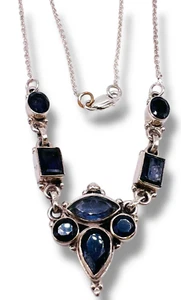 925 Sterling Silver Natural Iolite Blue Gemstone Bezel Set Necklace 16" - Picture 1 of 13