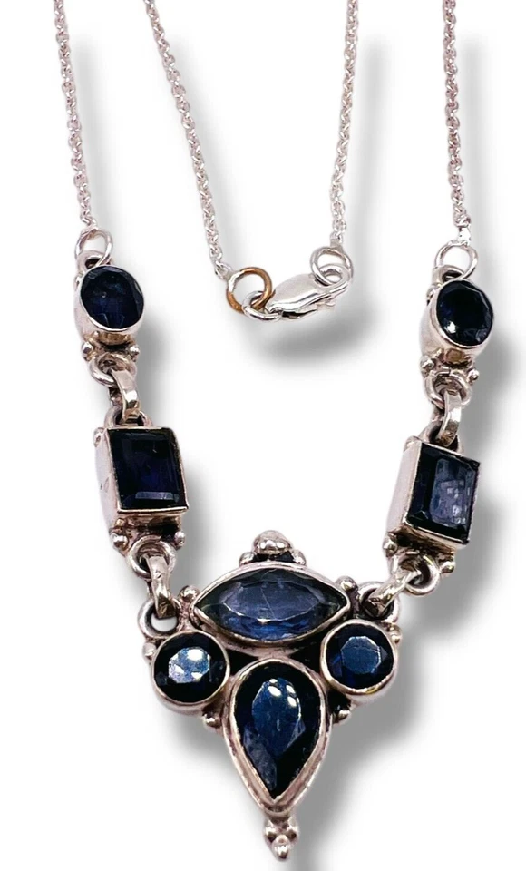 925 Sterling Silver Natural Iolite Blue Gemstone Bezel Set Necklace 16"  - Image 1 of 4