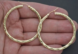 Real 10k Yellow Solid Gold Big Large Shiny Diamond Cut Hoop Earrings 50mm 3.3 gr - Picture 1 of 5