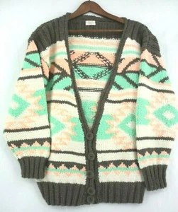 Hand Knit Cardigan Sweater Chunky  Aztec South Western Boho Vintage Cozy Size L - Picture 1 of 6
