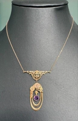 COLLAR VINTAGE ORO AMARILLO Y AMATISTA MOTIVO FLORAL Foto 1 de 4