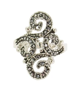 Swirl ring with marcasite crystals in a long elegant vintage look design New - Picture 1 of 6