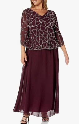 Vestido para mujer J Kara Petite manga tres cuartos con cuentas, vino multicolor talla 4 Foto 1 de 3