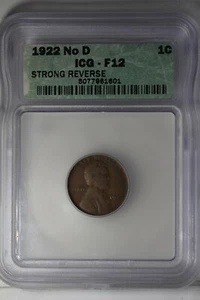 1922  .01 ICG F12 NO D STRONG REVERSE Lincoln Head Cent, Lincoln One Cent - Picture 1 of 2