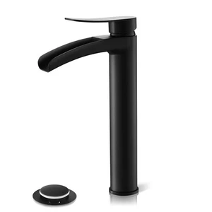 Matte Black Tall Bathroom Vessel Sink Faucet, Waterfall Single Hole Single Ha... - Picture 1 of 8