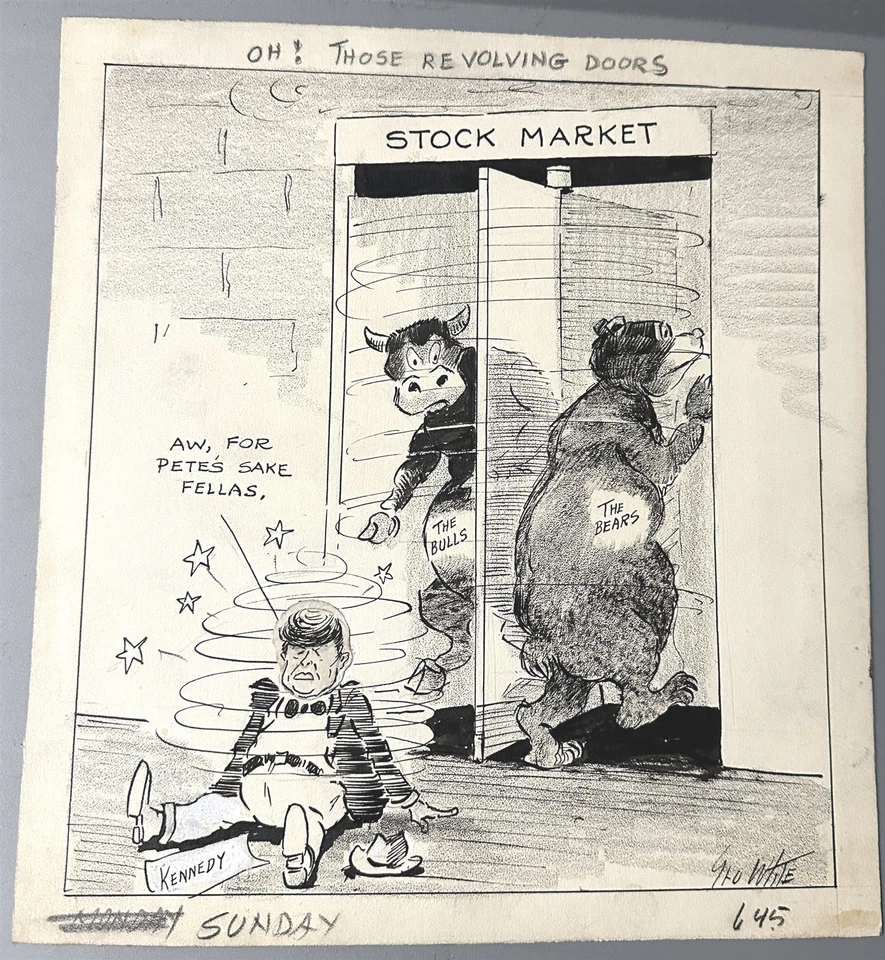 OBRA DE ARTE ORIGINAL GEORGE WHITE CARICATURA EDITORIAL JFK KENNEDY CON LOS TOROS Y OSOS Foto 1 de 1