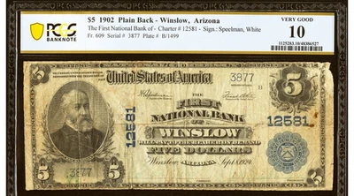 Winslow, AZ - $5 1902 Plain Back The First National Bank Ch. # 12581 PCGS 10 - Image 1 of 2