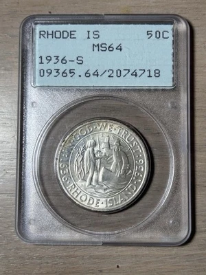 1936-S Rhode Island Silver Commemorative Half Dollar PCGS Rattler OGH MS 64 - Image 1 of 4