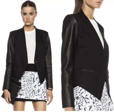 Helmut Lang Chic Wool Blend  Leather Sleeve Cropped Tuxedo Blazer Black Size 6 - Image 1 of 4