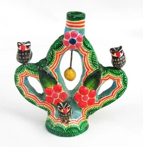 Mexican Folk Art Pottery Hand Painted Tree of Life with Owls 2 1/2" Candelabra - Picture 1 of 7