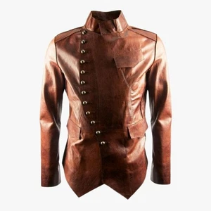Men Brown Luxury Military Fitted Leather Jacket Stylish Asymmetrical Front - Picture 1 of 6