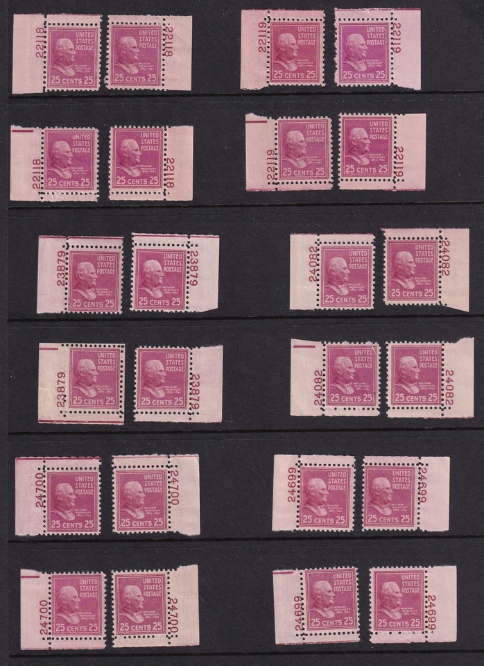 William McKinley Sc 829 PREXY 1938 6 juegos MNH número de placa coincidente individuales (PT Foto 1 de 1