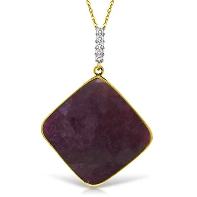 14K. SOLID GOLD NECKLACE WITH DIAMONDS & SQUARE ECKERBOARD CUT DYED RUBY (Y.G.) - Image 1 of 4
