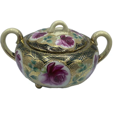 Azúcar de colección Nippon pintado a mano adornado floral rosa dorado con tapa 4" de alto Foto 1 de 4