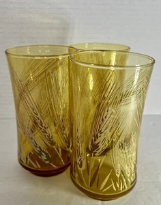 Set Of 3 Vintage Libby Golden Harvest Wheat Amber Glass Tumblers - Picture 1 of 4