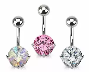 14G CLASSIC SOLITAIRE PRONG SET ROUND CZ GEMMED STEEL BELLY BUTTON NAVEL RING - Picture 1 of 1