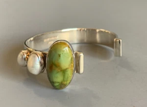 LILLY BARRACK Sterling Silver Emerald Valley TURQUOISE Adjustable Cuff Bracelet - Picture 1 of 9