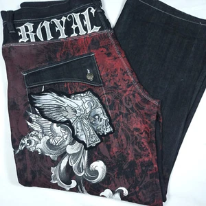 Jeans blu grezzo uomo 40x32 denim rosso ricamato pantalone baggy rap Y2K vintage - Foto 1 di 23