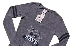 New Womens Ladies MLB Tampa Bay Rays Long Sleeve Gray V Neck Shirt Jersey - Picture 1 of 2