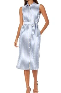 TOMMY HILFIGER Womens Blue Pocketed Slitted Tie Button-front Striped S 10 - Picture 1 of 8