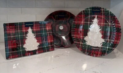 TOMMY BAHAMA MELAMINE TARTAN PLAID CHRISTMAS TREE LAZY SUSAN AND SERVING TRAYS - Image 1 of 4