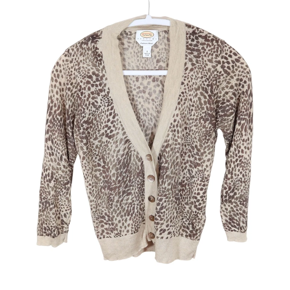 Cárdigan suéter TALBOTS estampado de leopardo ligero cuello en V cachemir seda talla Sp Foto 1 de 4