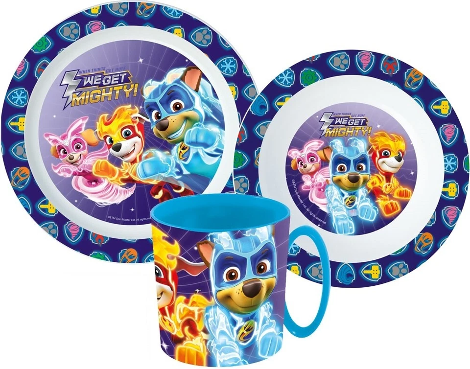 3.tlg Paw Patrol Mighty Pups Frühstücksset KIDS Geschirr Besteckset Kindergarten - Bild 1 von 1