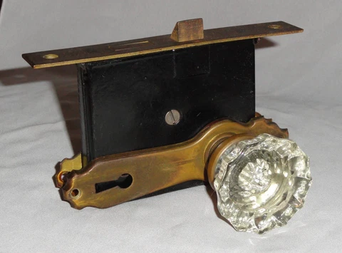Antique Cast Brass Door Lock Glass Knobs & Escutcheons without Key Cover