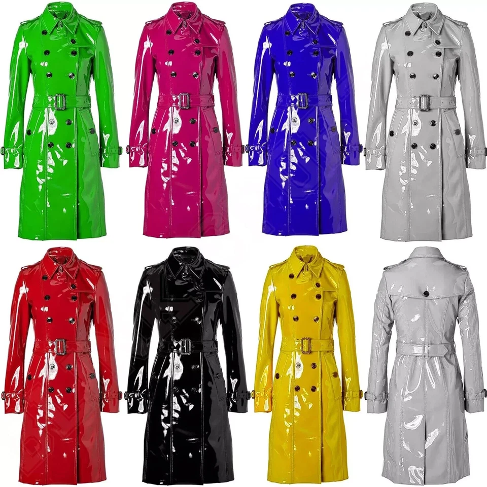 Women Trench Vinyl Shiny Gothic Coat PVC Emo Top quality Multi Faux Leather Coat - Image 1 of 4
