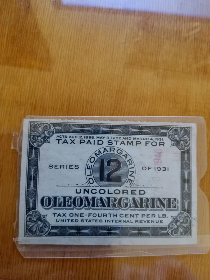 Vintage 1931 Uncolored Oleomargarine 12 Tax Paid Stamp 1/4 Cent Per Lb Internal - Image 1 of 1