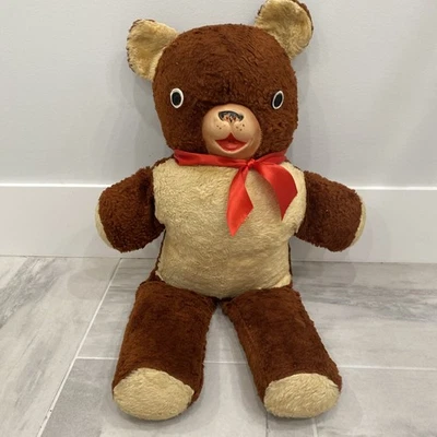 VINTAGE 24” RUBBER FACE PLUSH TEDDY BEAR YELLOW BROWN GOOGLY EYES 1950S 6OS TOY - Image 1 of 4