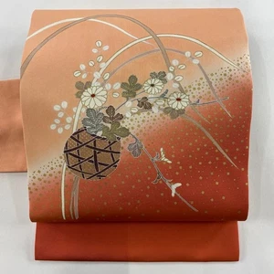 Nagoya obi Flower Basket Autumn Grass Gold Blur Light Silk - Picture 1 of 6