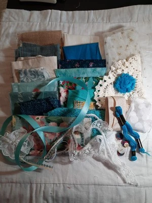 Aqua Teal Slow Stitch Bundle Vintage Linen Embroidery Lace Floss Scrap Craft - Image 1 of 4