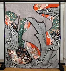 Kimono japonés K110756 100 % seda Furisode Shibori - Imagen 1 de 24