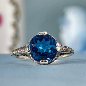 Silver 925 Natural London Blue Topaz Prong Setting Vintage Style Filigree Ring - Picture 1 of 3