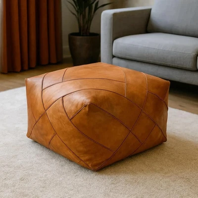 Handmade Moroccan Leather Pouf: Square Ottoman Footstool  Leather Pouf - Image 1 of 3